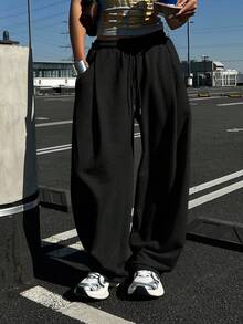 DAZY Women's Solid Color Loose Pleated Pants, Casual Sports Street Style, Thermal Lined, Autumn/Winter Sweatpants