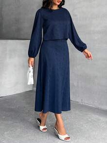 EURMUSE 2 PCS, Texture Fabric Long Sleeve Top & Long Skirts - Navy Blue - View 5