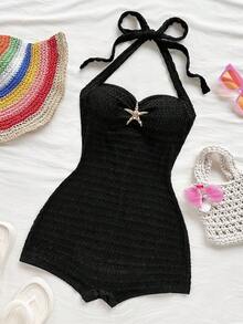 Soleia 女士度假吊带蝴蝶结纯色纹理连体裤，适合海滩派对 - 黑色 - 查看 5