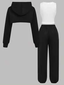 Girlism 少女黑色基本款运动休闲长袖短款连帽运动衫、白色基本款运动背心和黑色休闲运动裤套装 3 件套，开学季，户外运动服，运动服，秋季服装，演唱会服装