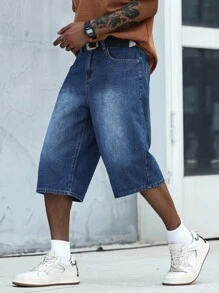 Manfinity Homme Quần short denim ống rộng Bermuda thoải mái cho nam có túi, quần baggy jorts cho nam, quần short denim ống rộng cho nam - Rửa tối - Xem 4