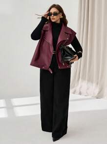 Auralis 大码女装秋冬时尚休闲宽松舒适日常百搭红色PU皮背心外套，休闲、秋季、西式、返校、Y2K、街头风 - 酒紅色 - 查看 5