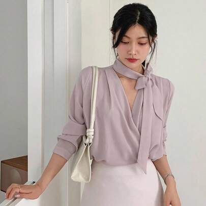 여성용 레이스업 루즈핏 긴팔 통기성 셔츠