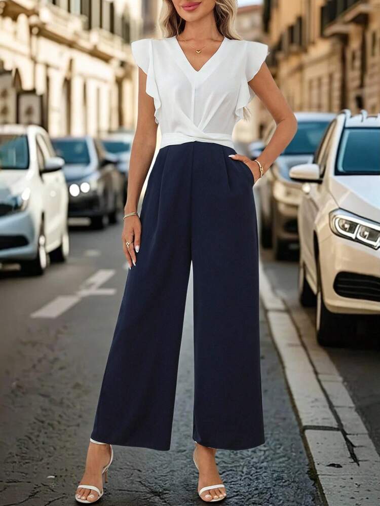 Women's Colorblock V-Neck Casual Jumpsuit
