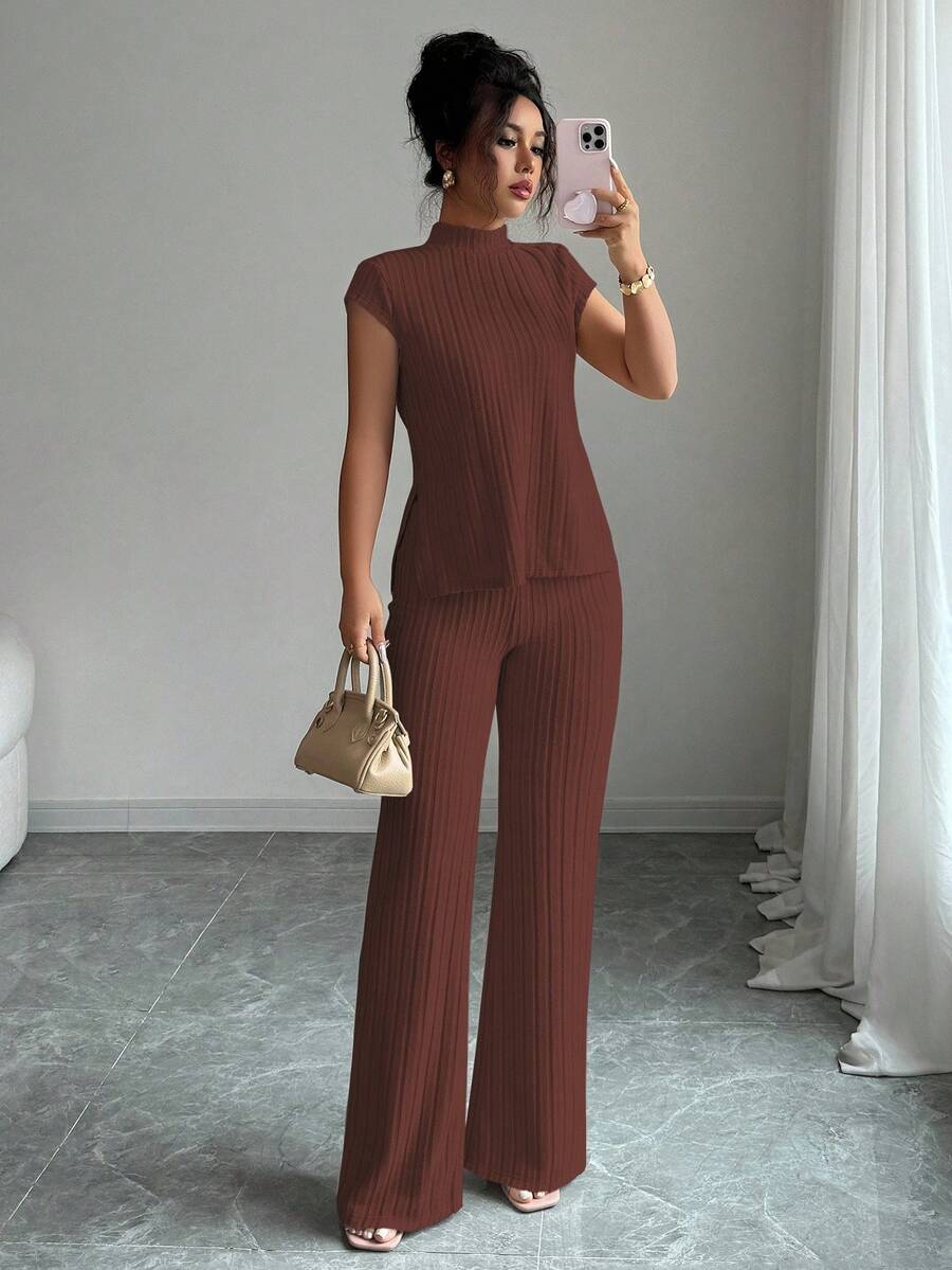 Elenzga 2pcs Casual Elegant Set: Short Sleeve Ribbed Top And Pants - Brown - View 1