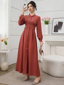 Al Najma 简约素色长袖阿拉伯风格连衣裙，日常穿着