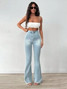 RueChic 磨边撞色正面开襟喇叭腿牛仔裤