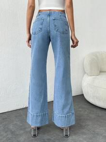 EURMUSE Medium Wash Midwaist Wideleg Cutline Detail - Medium Wash - View 2