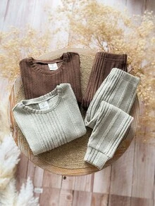SHEIN 4pcs/Set Kids Casual Crew Neck Ribbed Knit Pajama Set,Autumn,Family Matching Sibling Outfits Snug Fit Girls Sweater Sets Comfortable & Warm Loungewear - Multicolor - View 2