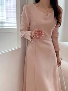 DAZY Damen 3/4 Ärmel elegantes fließendes Midi-Kleid Langarmkleid - Pink - Übersicht 1