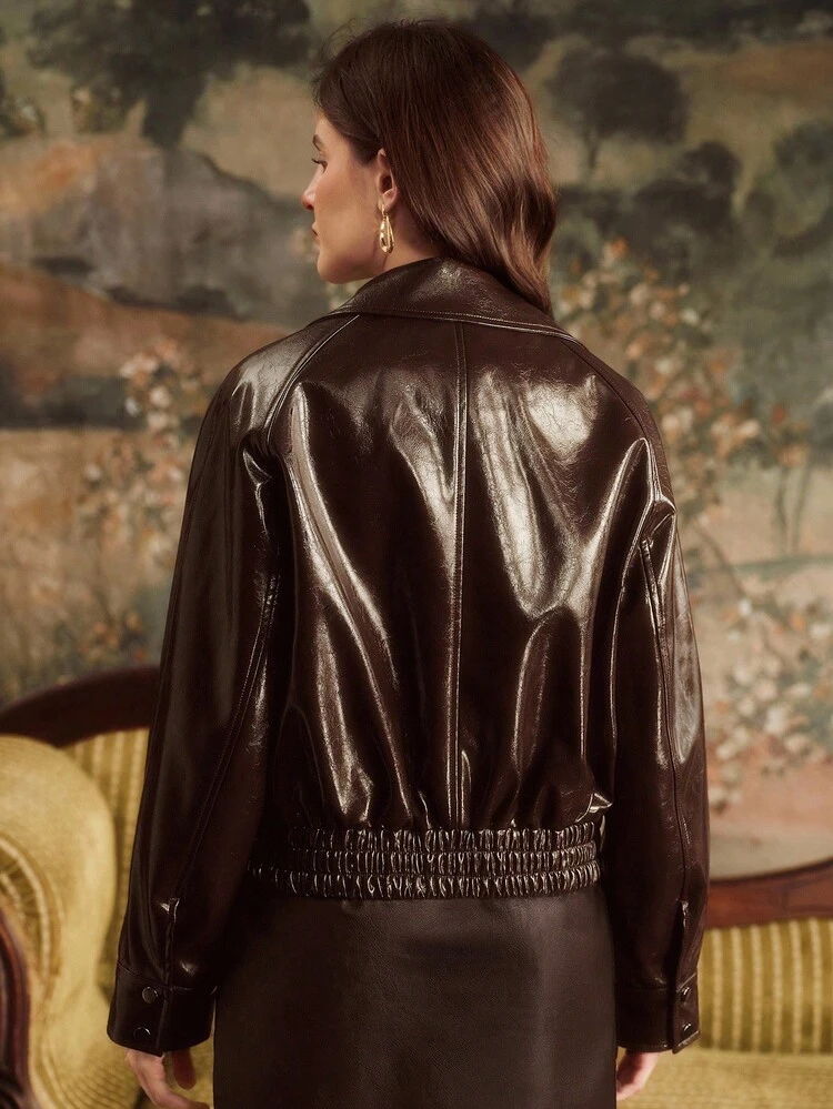 Women's Elegant Romantic Modern Vintage Glossy PU Leather Distressed Moto Jacket, Suitable For New Year, Autumn, Fall, Winter, Going Out, Elegant, Formal, Party, Chic, Christmas, Work, Graduation, Wedding