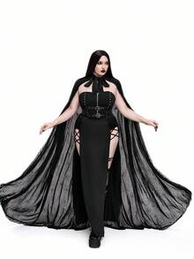 Flirla 大码网眼花卉蕾丝装饰钻石圆点朋克哥特夹克 - 黑色 - 查看 5