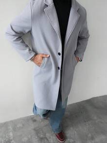 Manfinity Homme Áo khoác len dài đơn hàng ngày, cổ ve trơn màu, cài nút, dành cho nam, thu đông - Xám - Xem 3