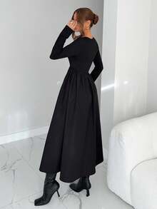 Siren Gaze Elegant Black Autumn Luxury Women Long Sleeve Ankle-Length A-Line Dress With Metal Buckle & Pockets,Brunch Work Party Wedding Guest Outfits - Black - View 6
