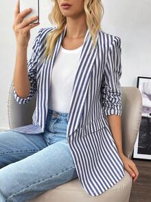 SHEIN Frenchy Áo khoác Blazer nữ thời trang thường ngày, kiểu dáng cổ điển, sọc vải lanh, tay áo ba phần tư, xếp nếp, quần áo công sở, quần áo giáo viên, áo khoác Blazer sọc, áo khoác Blazer giáo viên, quần áo mùa thu - Nhiều màu - Xem 1