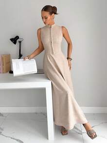 Siren Gaze Solid Color Sleeveless Stand Collar Long Waist Gathered Hem Dress, Elegant Office Wear For Women Beige Dress For Women Neutral Dresses For Women Asymmetrical Dress Slit Dress Corset Dress Summer Evening Dress - Apricot - View 4
