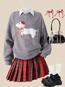 SHEIN Explorewe Tween Girls Cute Dog Print Long Sleeve Knit Sweatshirt & Vintage Pleated Mini Skirt 2-Piece Set,Grey Autumn School Back-To-School Casual Wear - Multicolor - View 1