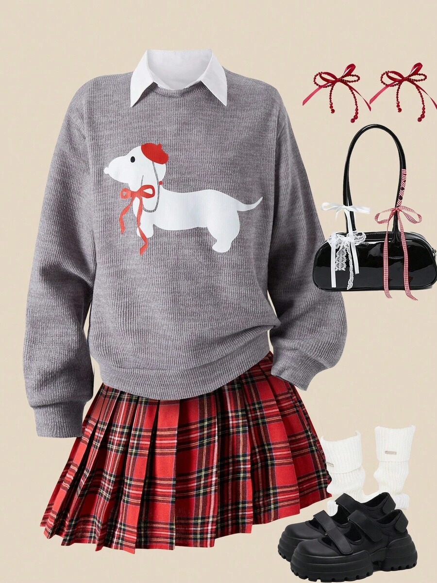 SHEIN Explorewe Tween Girls Cute Dog Print Long Sleeve Knit Sweatshirt & Vintage Pleated Mini Skirt 2-Piece Set,Grey Autumn School Back-To-School Casual Wear - Multicolor - View 1