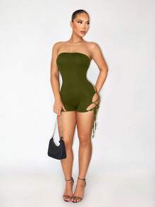 Zolique Women's Skin-Friendly & Comfortable All-Season Lace-Up Lifting Basic Solid Color Hollow Criss-Cross Strap Jumpsuit - Army Green - View 6