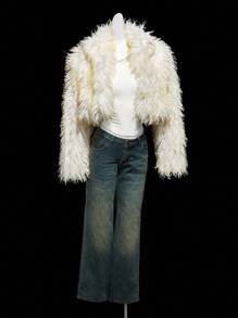 SHEIN ICON Women's Faux Fur Cropped Jacket In Pale Yellow, Fashionable, Sexy, Minimalist, Cute, Retro Style For Autumn/Winter Faux Fur Coat Faux Fur Jacket Cropped Fur Jacket Shrug Halloween Party - Yellow - View 3