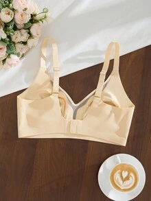 SHEIN 1 件套休闲舒适简约无缝网眼拼接轻质无钢圈柔软支撑女士文胸 - 杏色 - 查看 8
