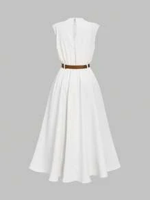 SHEIN MOD Váy không tay màu trơn dành cho nữ (có thắt lưng), mùa tựu trường - trắng - Xem 2