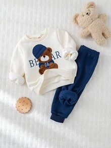 Cozy Pixies 2pcs Baby Boy Cartoon Bear Pattern Knitted Soft Crew Neck Long Sleeve Hoodie And Elastic Waist Thermal Lined Pants Set Baby Set Autumn Winter Season Baby Boy Bear Outfit Baby Casual Sets Fall - Blue - View 7