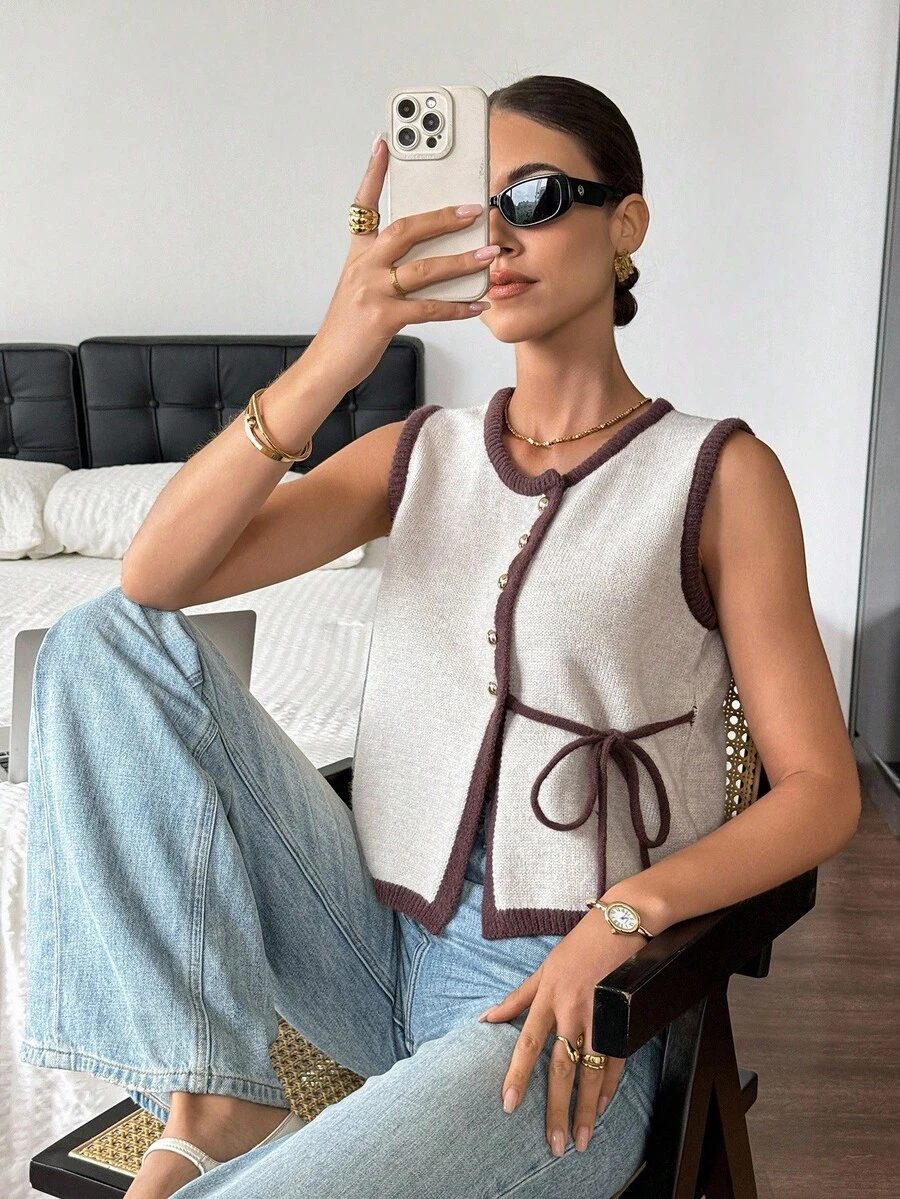 Serisse New Autumn Contrast Color Knitted Vest, Metal Buckle Contrast Color Edge Lace Woolen Vest For Women,Fall Winter Brown