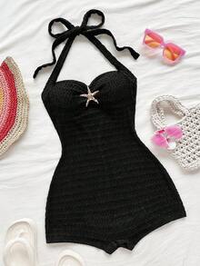 Soleia 女士度假吊带蝴蝶结纯色纹理连体裤，适合海滩派对 - 黑色 - 查看 1