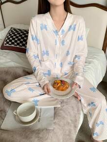 少女春秋条纹纹理可爱蝴蝶结图案印花开衫睡衣套装，居家休闲 - 藍白色 - 查看 3