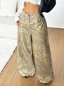 SHEIN EZwear Pantalones anchos y sueltos con estampado de leopardo, moda casual de mujer otoño 2025, para negocios y profesores - Dorado - Ver 1