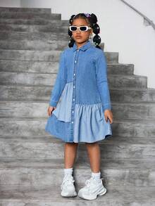 SHEIN Tween Girls Fashion Casual Y2k Vintage Cool Street Returns To School College Short Denim Long-Sleeved Shirt Dress With A Deep And Light Blue Color Contrast Design For Tween Girl Clothes Tween Girls Costume Dailywear And Tween Girl Winter And Fall Rave Outfits Festival And Outfits Streetwear School Clothes