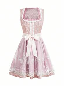 SHEIN Frenchy 女士复古刺绣网眼撞色无袖连衣裙 - 粉色 - 查看 1