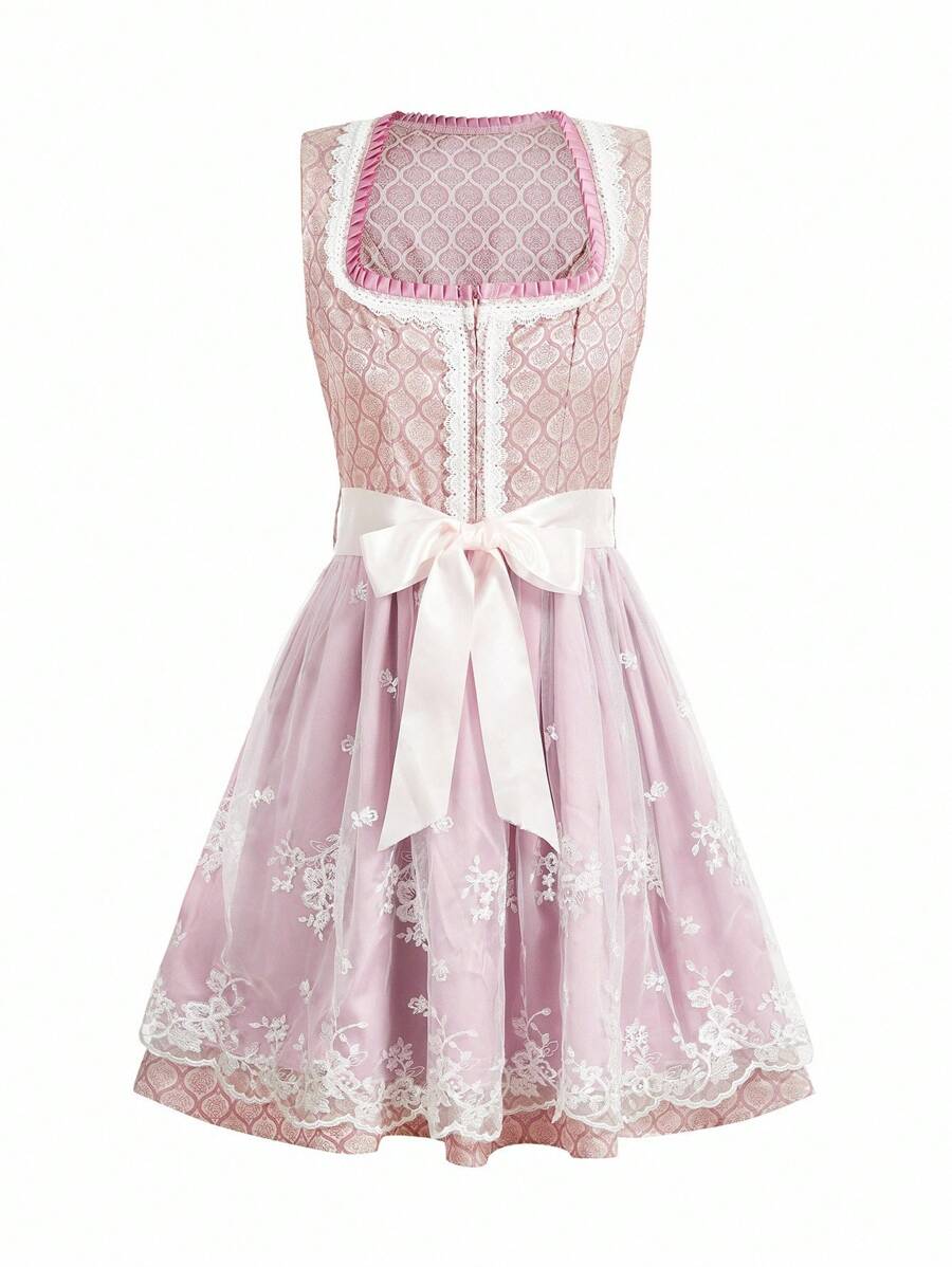 SHEIN Frenchy 女士复古刺绣网眼撞色无袖连衣裙 - 粉色 - 查看 1