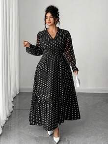 Elenzga 大码女式优雅V领波尔卡圆点长袖连衣裙 - 黑色 - 查看 3