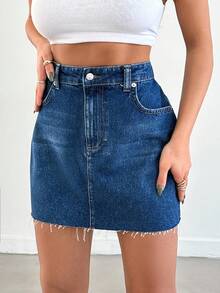 SHEIN Cottnline Váy mini denim cạp cao giặt thường ngày, mùa hè - Rửa tối - Xem 6