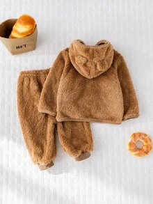 Cozy Pixies 2pcs Baby Boy Cartoon Bear Pattern Thermal Lined Hooded Jacket And Elastic Waist Ankle Cuff Pants Set - Brown - View 2