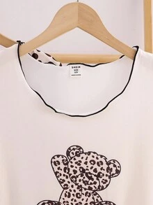 2pcs Tween Girl Round Neck Short Sleeve Leopard Print Nightgown Loungewear