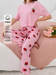 RueChic Cotton 2Pcs Heart Printed Detail Short Sleeve Shirt And Flywheel Detail Long Bottoms PJ Set - Pink - View 1