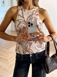 Siren Gaze 女式花卉亮片装饰侧开衩圆领时尚吊带背心 - 杏色 - 查看 1