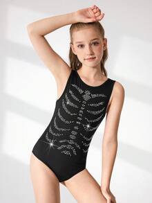 SHEIN Tween Girls Halloween Leotards, Rhinestone Graphic, Gymnastics, School Competition Sportswear Fall Winter - Black - View 1