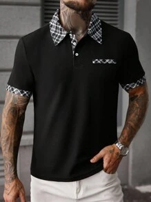 Manfinity CasualCool 男士休闲格子拼布 Polo 衫，时尚男士黑色短袖 Polo 衫，纽扣前襟，常规版型运动外观，经典黑色涤纶 Polo 衫，格子领和短袖，男士黑色 Polo 衫，格子领细节，常规版型短袖运动格子点缀黑色 Polo 衫，老钱风格 - 黑色 - 查看 4