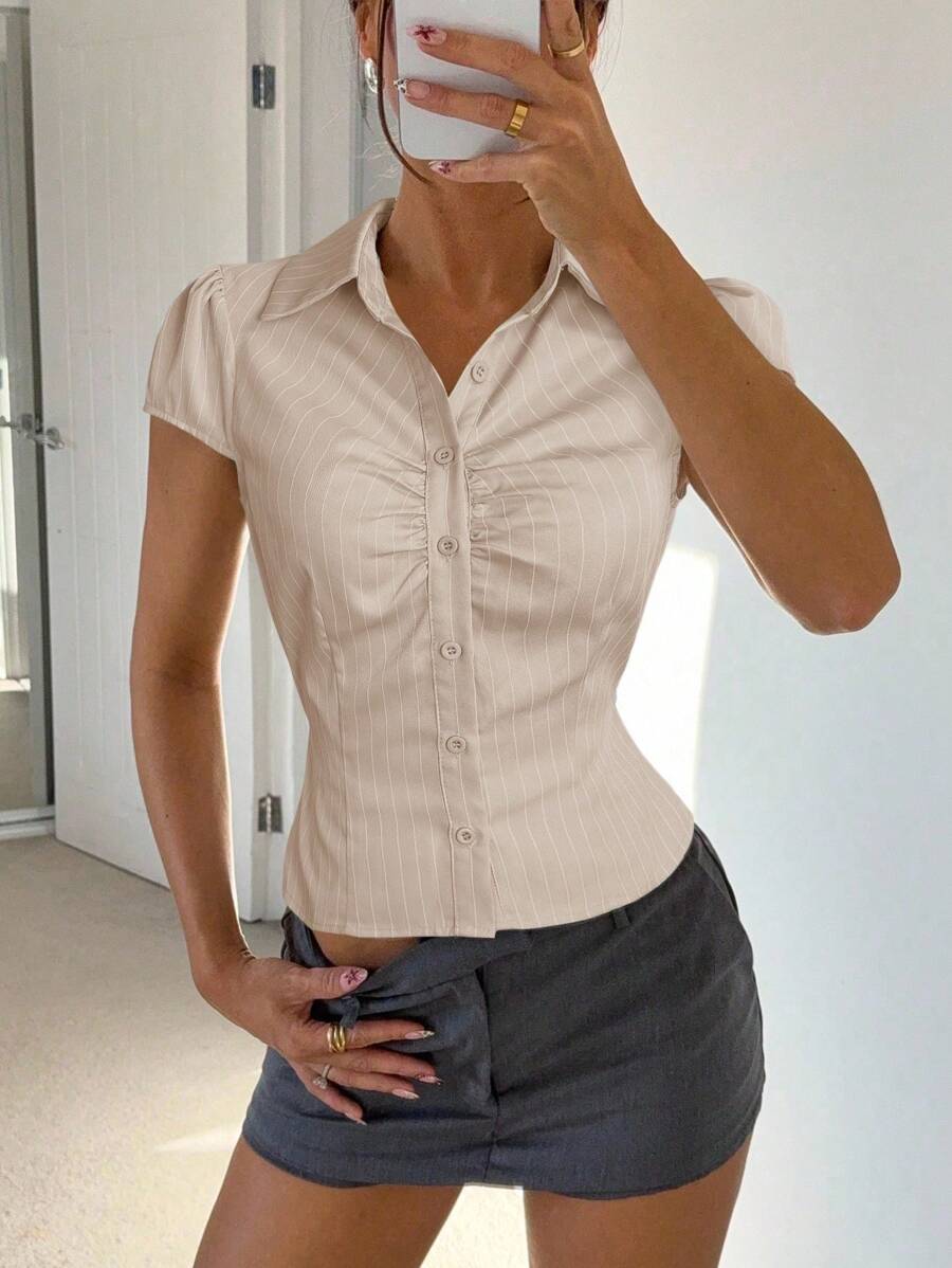 Siren Gaze 女士休闲通勤条纹衬衫，夏季办公室上衣女士办公室衬衫修身衬衫条纹衬衫女士衬衫 - 杏色 - 查看 1