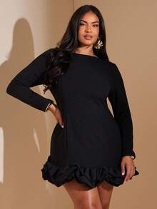 SHEIN BAE 大码女式长袖拼布花卉中长连衣裙，黑色 - 黑色 - 查看 3