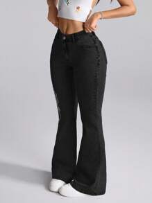 Jeanoix 女式花卉印花口袋喇叭腿休闲百搭牛仔裤 - 黑色 - 查看 3