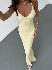 Aloruh 女士优雅性感纯色蕾丝露背吊带连衣裙，夏季 - 黃色 - 查看 4