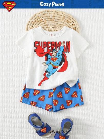 Cozy Pixies SUPERMAN X Cozy Pixies Set de 2 piezas con parte superior de manga corta de cuello redondo suave y pantalón corto de cintura elástica con estampado de superhéroe de dibujos animados para bebé niño