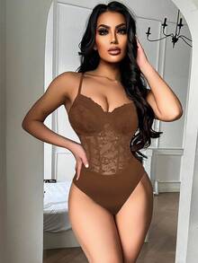 Zolique Lace Patchwork Sheer Camisole Bodysuit - Brown - View 1