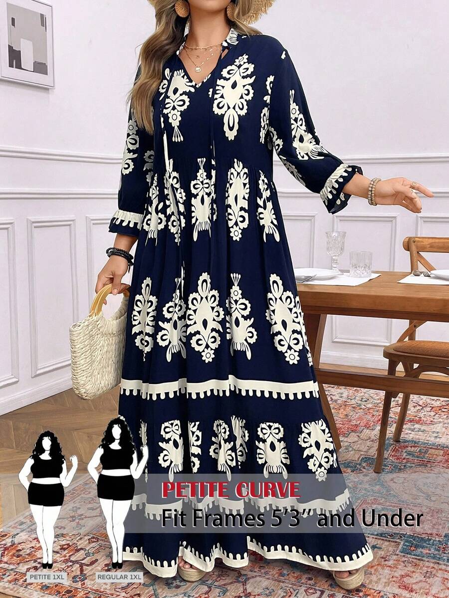 SHEIN PETITE CURVE Abito casual da vacanza, stile western, con stampa pasquale, adatto per festival musicali, taglie comode - Blu Navy - Visualizzare 1