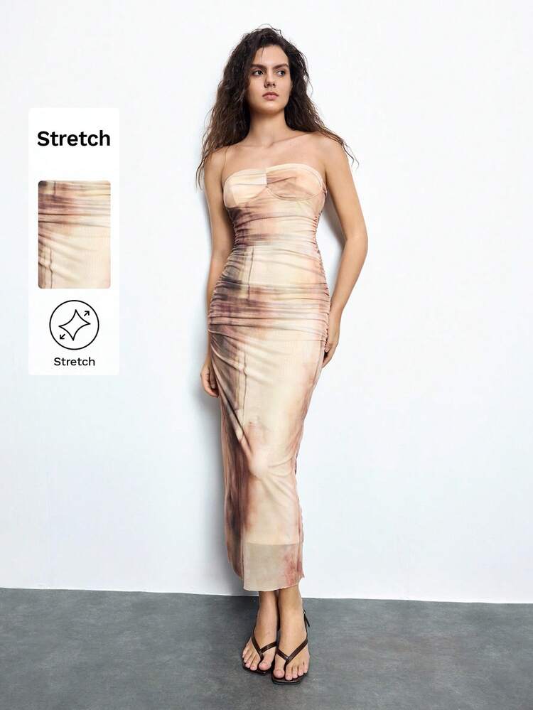 SHEIN Maija Women's Casual Multicolor Long Dress: Sleeveless Spaghetti Strap Knitted Maxi Dress With Ruched Detail And Thigh Split